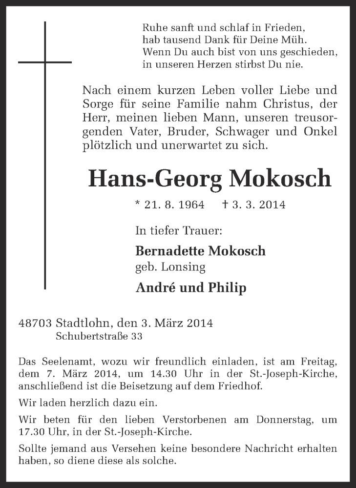  Traueranzeige für Hans-Georg Mokosch vom 05.03.2014 aus Münstersche Zeitung und Münsterland Zeitung