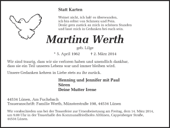 Traueranzeige von Martina Werth von Ruhr Nachrichten
