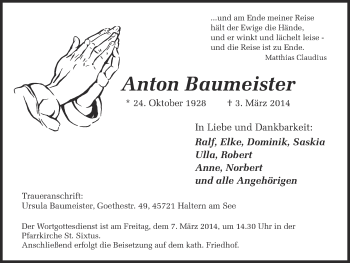 Traueranzeige von Anton Baumeister von Ruhr Nachrichten und Halterner Zeitung
