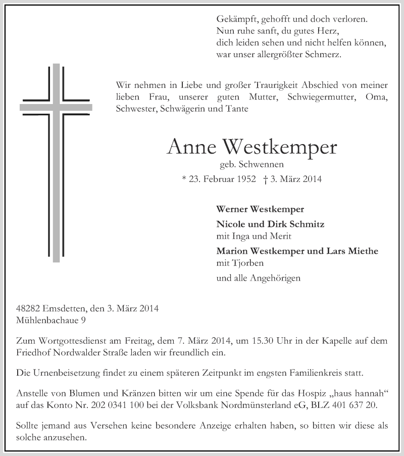  Traueranzeige für Anne Westkemper vom 05.03.2014 aus 
