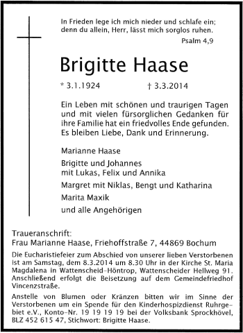 Traueranzeige von Brigitte Haase von Ruhr Nachrichten
