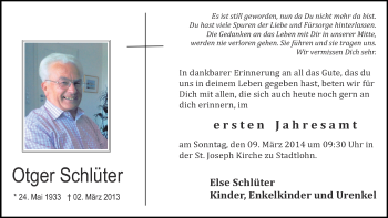 Traueranzeige von Otger Schlüter von Münstersche Zeitung und Münsterland Zeitung