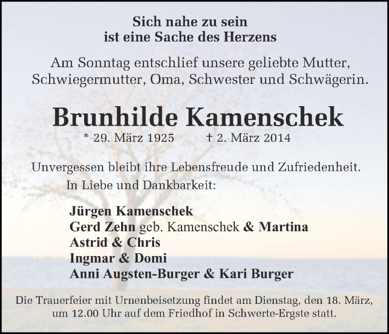  Traueranzeige für Brunhilde Kamenscheck vom 08.03.2014 aus Ruhr Nachrichten