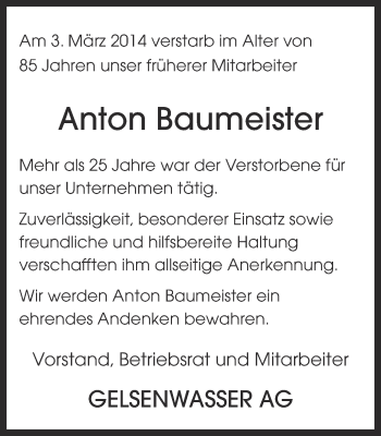 Traueranzeige von Anton Baumeister von Ruhr Nachrichten und Halterner Zeitung