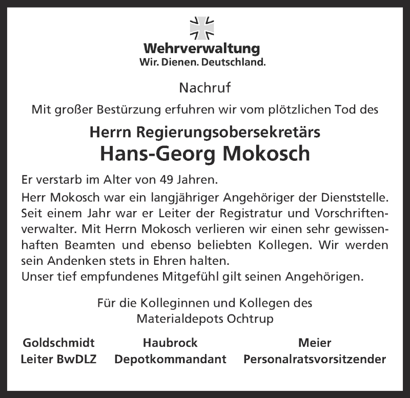  Traueranzeige für Hans-Georg Mokosch vom 07.03.2014 aus Münstersche Zeitung und Münsterland Zeitung