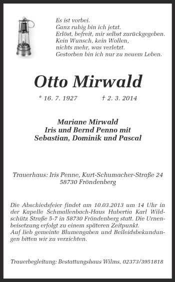 Traueranzeige von Otto Mirwald von Ruhr Nachrichten