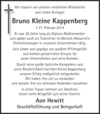 Traueranzeige von Bruno Kleine Kappenberg von Ruhr Nachrichten und Halterner Zeitung