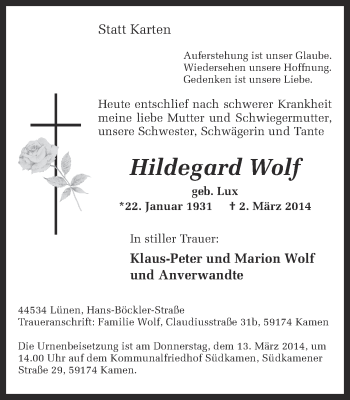 Traueranzeige von Hildegard Wolf von Ruhr Nachrichten