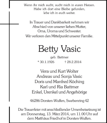 Traueranzeige von Betty Vasic von Ruhr Nachrichten und Dorstener Zeitung