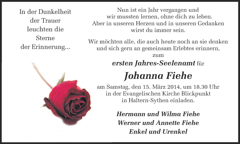  Traueranzeige für Johanna Fiehe vom 12.03.2014 aus Ruhr Nachrichten und Halterner Zeitung