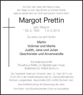 Traueranzeige von Margot Prettin von Ruhr Nachrichten