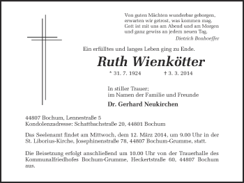Traueranzeige von Ruth Wienkötter von Ruhr Nachrichten