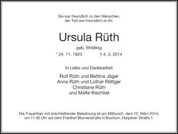 Traueranzeige von Ursula Rüth von Ruhr Nachrichten