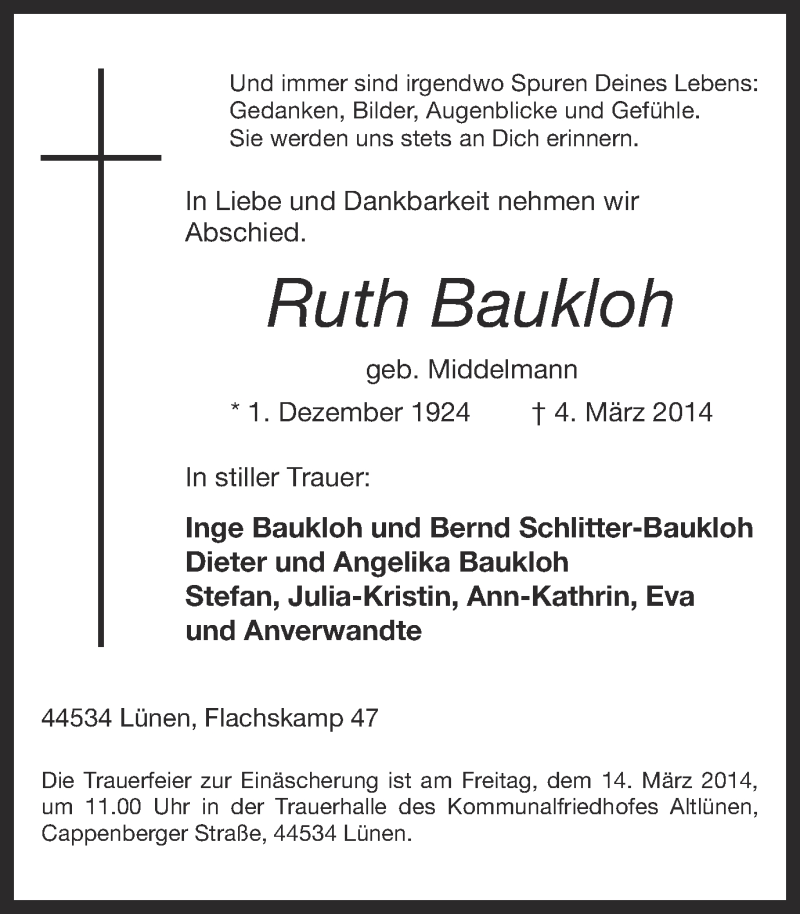  Traueranzeige für Ruth Baukloh vom 08.03.2014 aus Ruhr Nachrichten