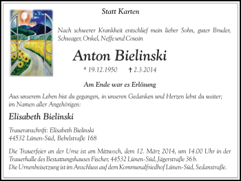 Traueranzeige von Anton Bielinski von Ruhr Nachrichten