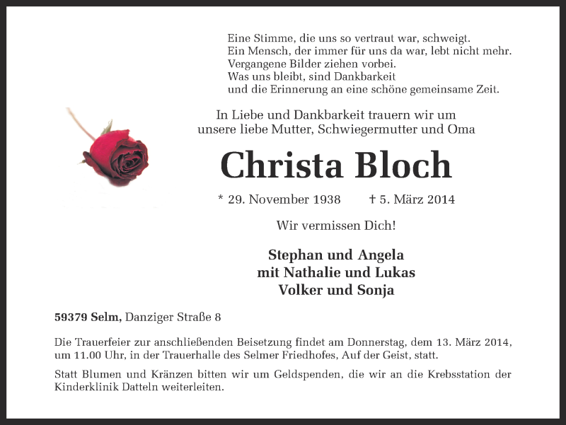  Traueranzeige für Christa Bloch vom 08.03.2014 aus Ruhr Nachrichten