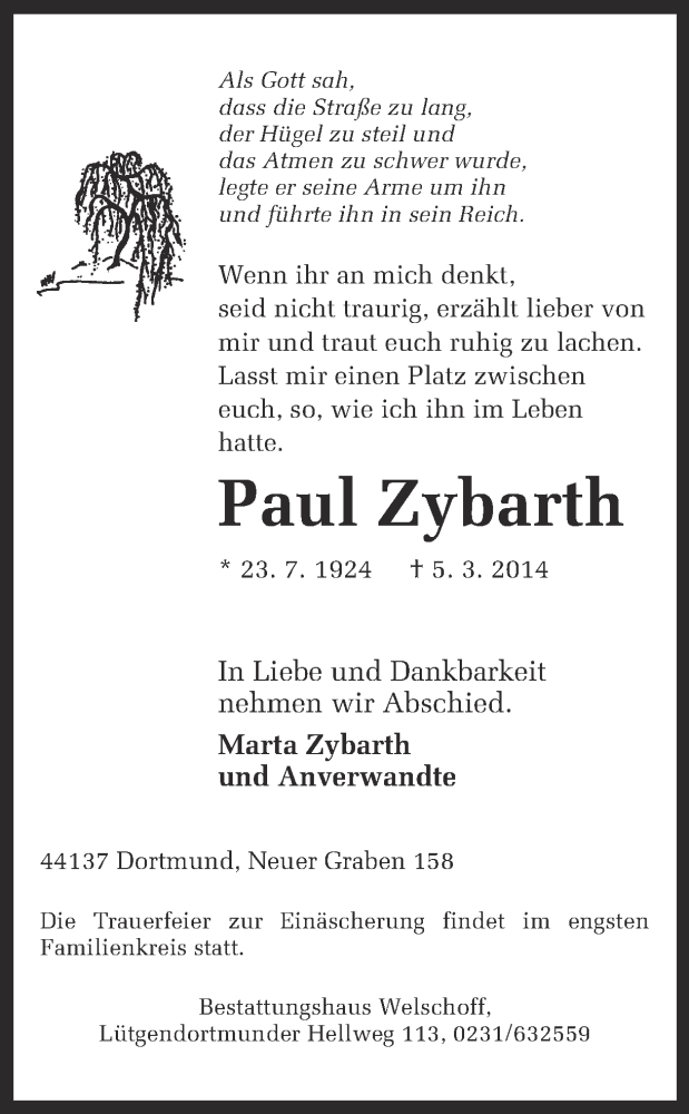 Traueranzeige für Paul Zybarth vom 08.03.2014 aus Ruhr Nachrichten