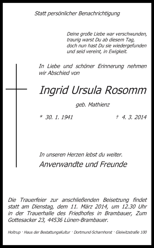  Traueranzeige für Ingrid Ursula Rosomm vom 08.03.2014 aus Ruhr Nachrichten