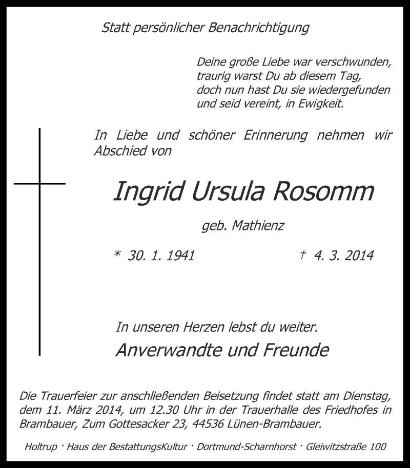  Traueranzeige für Ingrid Ursula Rosomm vom 08.03.2014 aus Ruhr Nachrichten