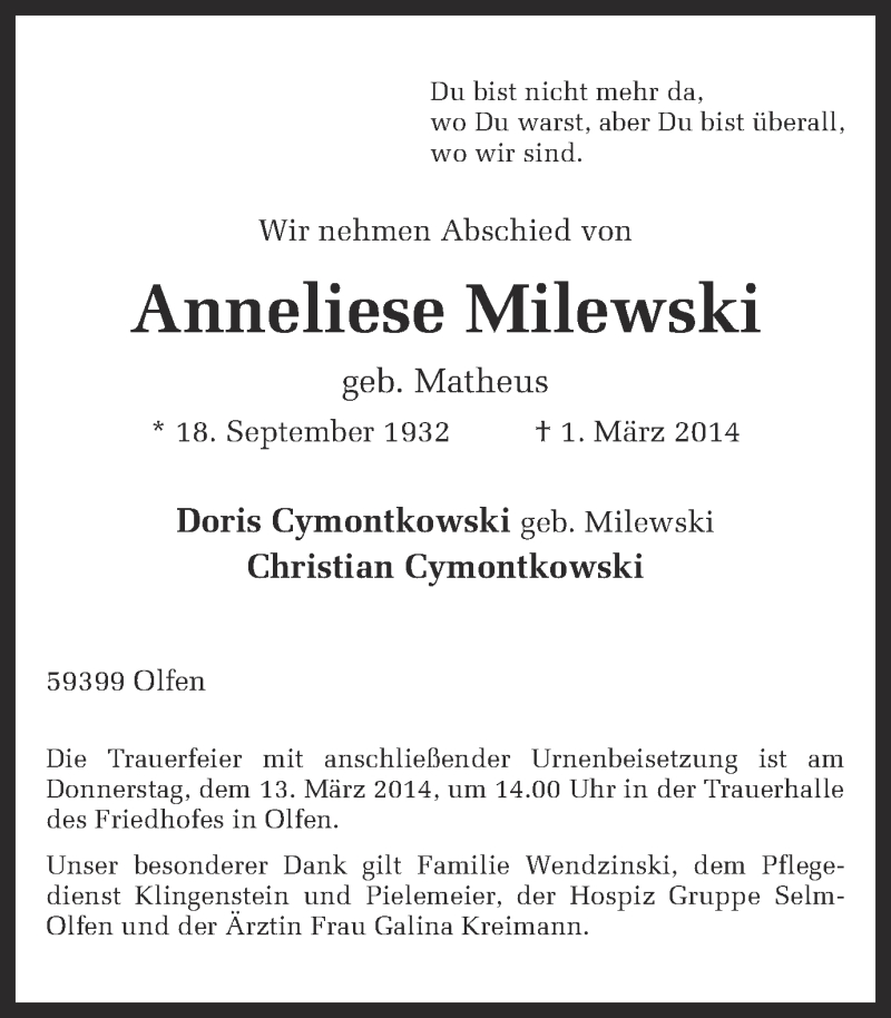  Traueranzeige für Anneliese Milewski vom 08.03.2014 aus Ruhr Nachrichten