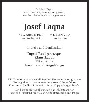 Traueranzeige von Josef Laqua von Ruhr Nachrichten