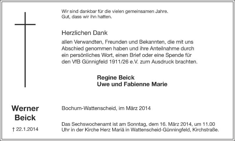  Traueranzeige für Werner Beick vom 12.03.2014 aus Ruhr Nachrichten