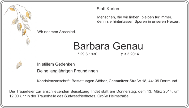  Traueranzeige für Barbara Genau vom 11.03.2014 aus Ruhr Nachrichten