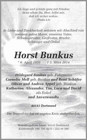 Traueranzeige von Horst Bunkus von Ruhr Nachrichten