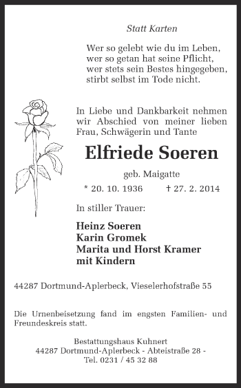 Traueranzeige von Elfriede Soeren von Ruhr Nachrichten