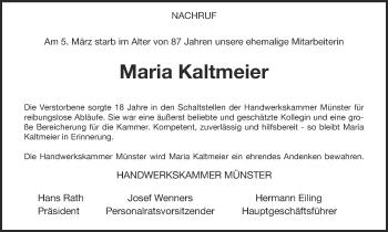 Traueranzeige von Maria Kaltmeier von Münstersche Zeitung und Grevener Zeitung