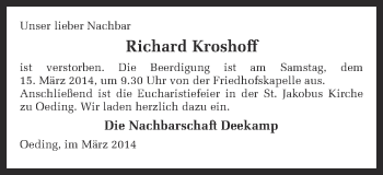 Traueranzeige von Richard Kroshoff von Münstersche Zeitung und Münsterland Zeitung