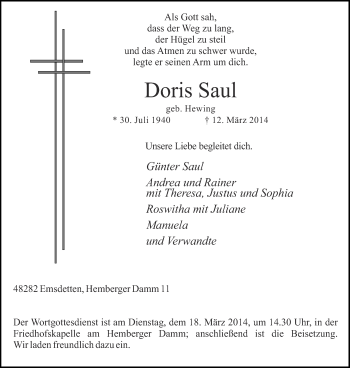 Traueranzeige von Doris Saul 