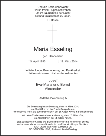 Traueranzeige von Maria Esseling von Münstersche Zeitung und Münsterland Zeitung