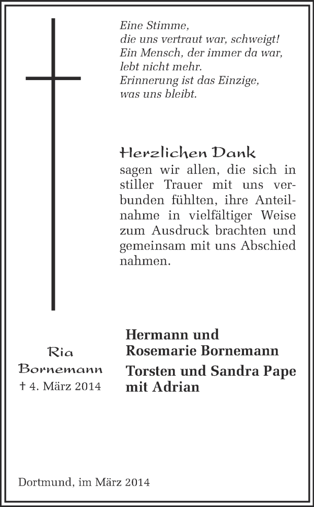  Traueranzeige für Ria Bornemann vom 15.03.2014 aus Ruhr Nachrichten
