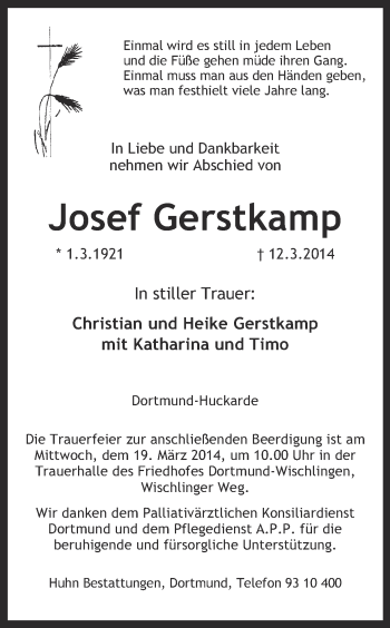 Traueranzeige von Josef Gerstkamp von Ruhr Nachrichten