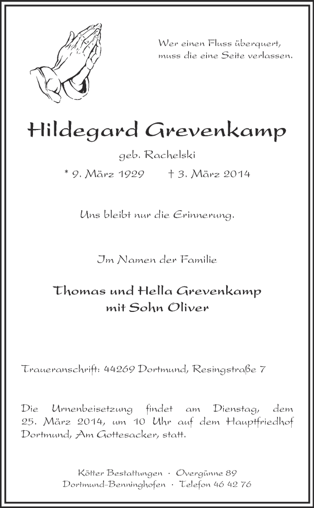  Traueranzeige für Hildegard Grevenkamp vom 15.03.2014 aus Ruhr Nachrichten