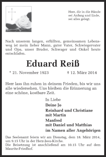 Traueranzeige von Eduard Reiß von Münstersche Zeitung und Grevener Zeitung