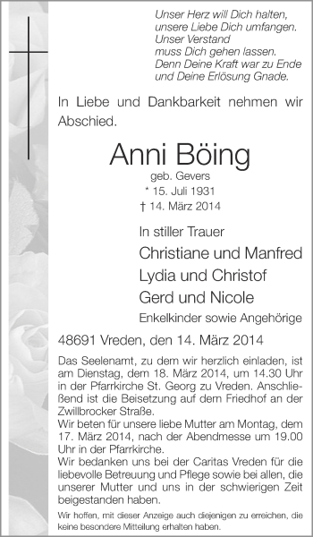 Traueranzeige von Anni Böing von Münstersche Zeitung und Münsterland Zeitung