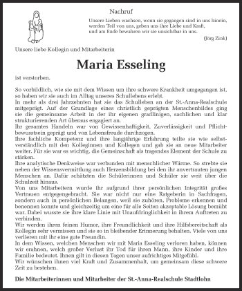 Traueranzeige von Maria Esseling von Münstersche Zeitung und Münsterland Zeitung
