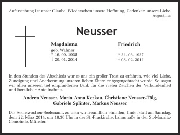 Traueranzeige von Magdalena und Friedrich Neusser von Münstersche Zeitung und Grevener Zeitung