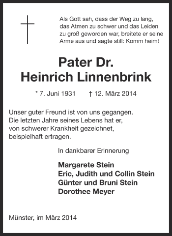 Traueranzeige von Heinrich Linnenbrink von Münstersche Zeitung und Grevener Zeitung