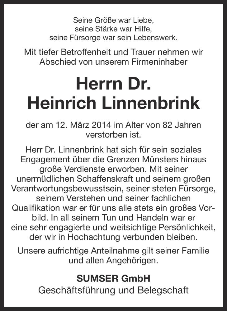  Traueranzeige für Heinrich Linnenbrink vom 19.03.2014 aus Münstersche Zeitung und Grevener Zeitung