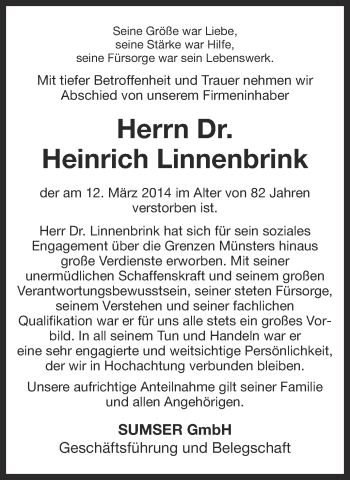 Traueranzeige von Heinrich Linnenbrink von Münstersche Zeitung und Grevener Zeitung