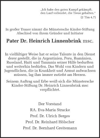 Traueranzeige von Heinrich Linnenbrink von Münstersche Zeitung und Grevener Zeitung