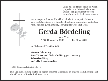 Traueranzeige von Gerda Bördeling von Ruhr Nachrichten