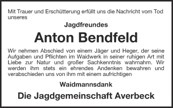 Traueranzeige von Anton Bendfeld von Münstersche Zeitung und Münsterland Zeitung