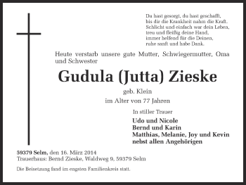 Traueranzeige von Gudula Zieske von Ruhr Nachrichten