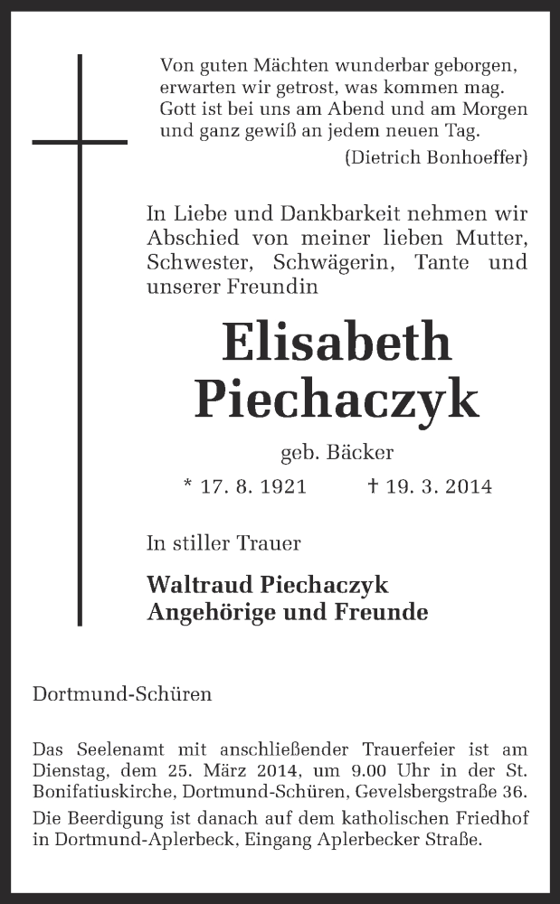  Traueranzeige für Elisabeth Piechaczyk vom 22.03.2014 aus Ruhr Nachrichten