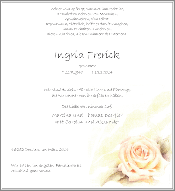 Traueranzeige von Ingrid Frerick von Ruhr Nachrichten und Dorstener Zeitung