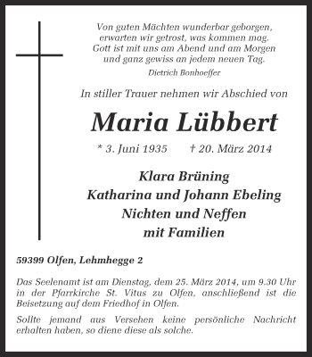 Traueranzeige von Maria Lübbert von Ruhr Nachrichten